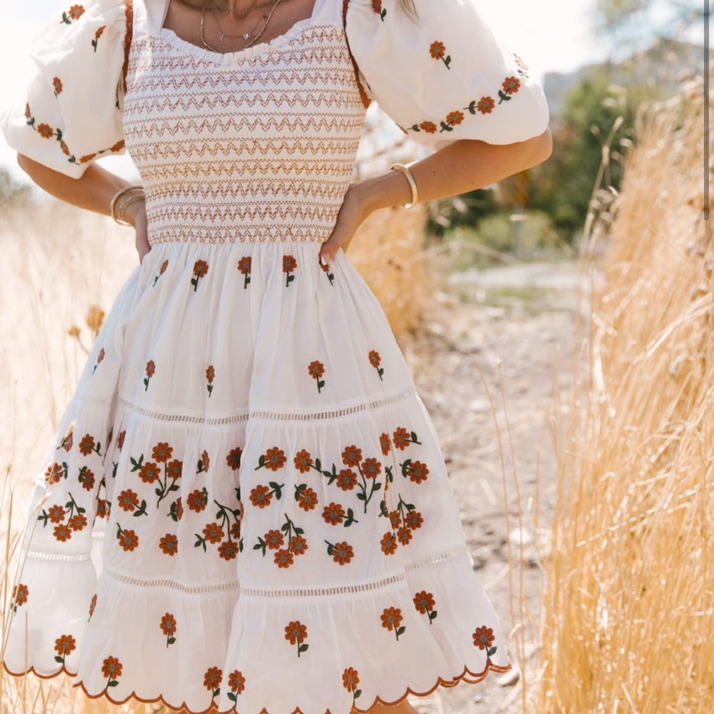 Ivy City Co Greta Midi Dress in Rust Floral Embroidered White Dress